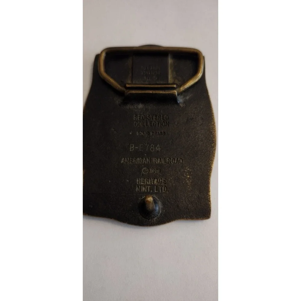 Railroad Train Engine Belt Buckle Steam Locomotive Mountains Vtg 80s BTS .GTA926